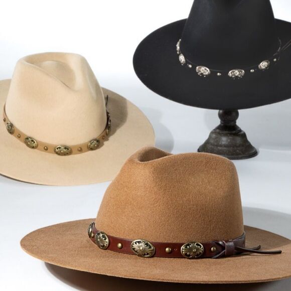 Western Wool Panama Hat with Gold Concho Metal Belt in BLACK - Picture 12 of 13